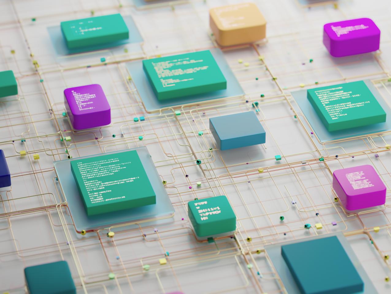 Abstract Circuit Network With Colorful Chips and Connected Data Blocks in 3D Render stock photo