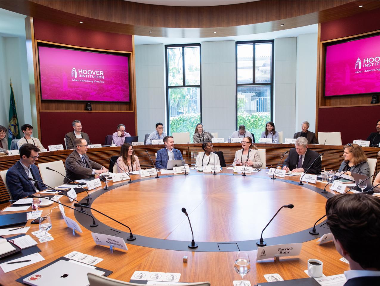 Scholars participating in PEPCON 2026 are seen in Hoover’s Annenberg Conference Room on April 16, 2026. (Patrick Beaudouin)