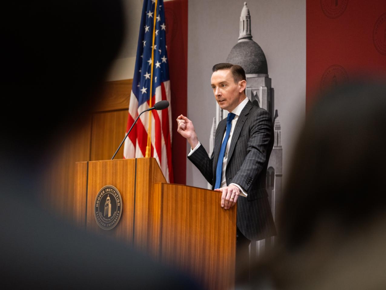 Tyler Goodspeed speaks in Hoover’s Blount Hall on May 8, 2026. (Patrick Beaudouin)