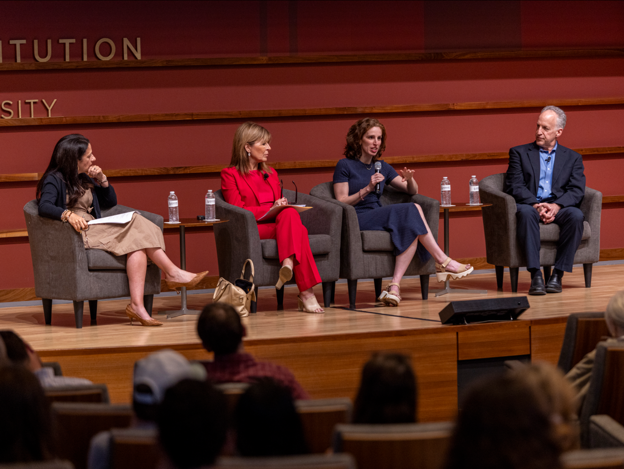 (From left to right) Janine Zacharia, Vicki Liviakis, Elizabeth Green, and Neil Chase are seen in Hoover’s Hauck Auditorium on May 14, 2026. (Patrick Beaudouin)