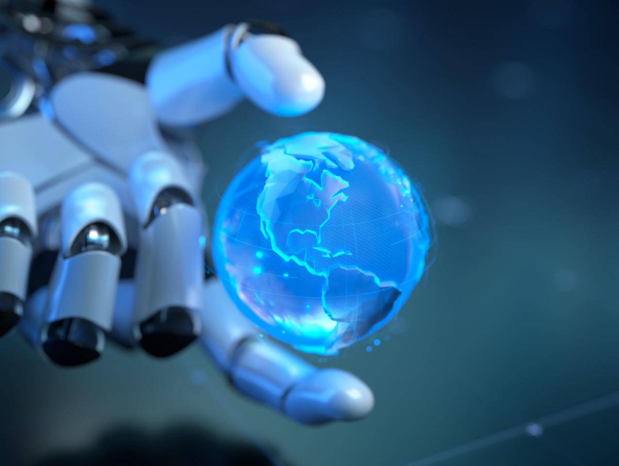 Futuristic Robotic Hand Holding a Holographic Blue Globe in Digital Environment stock photo