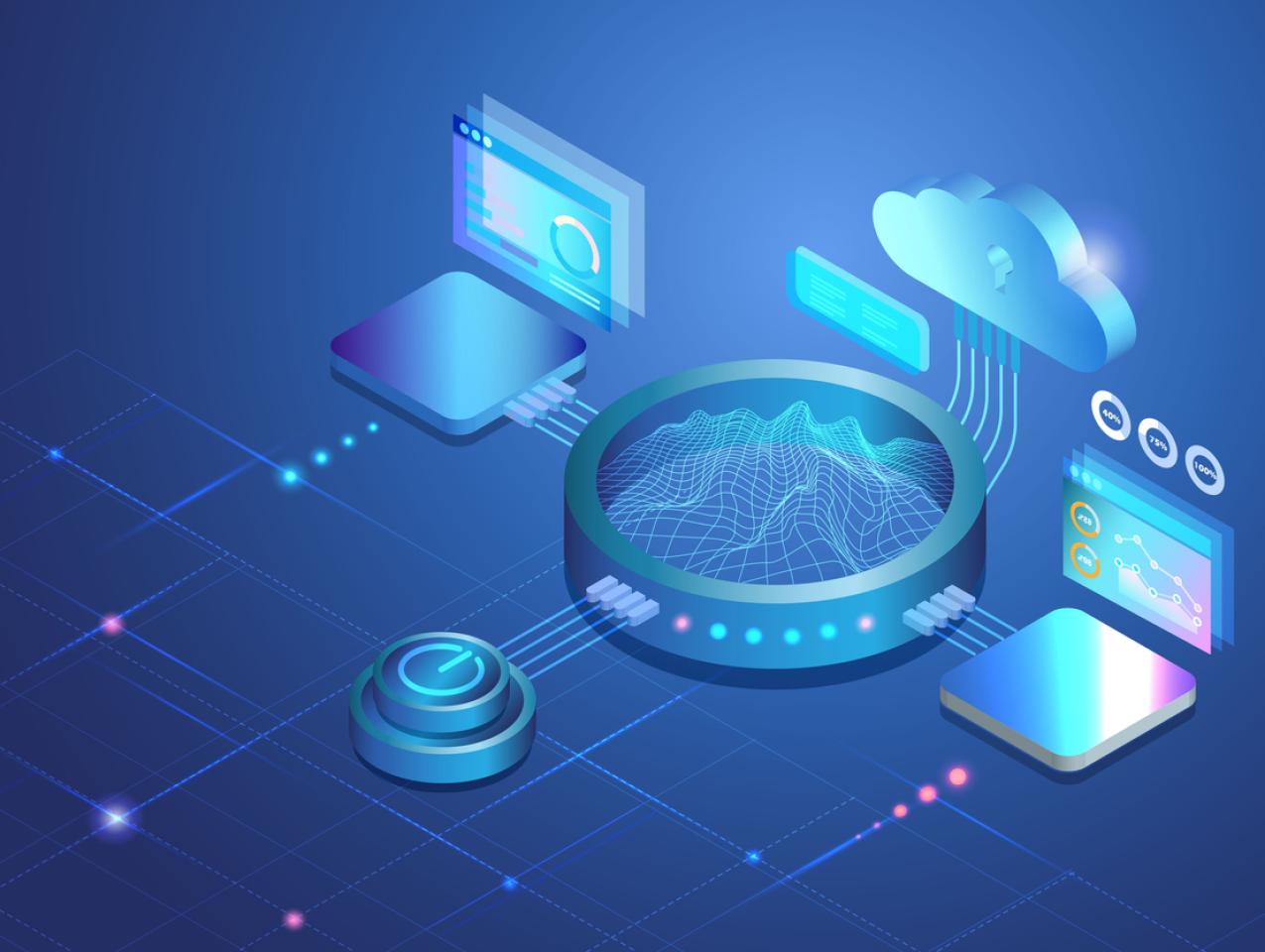 Sandbox, demo test software programing and mining cryptocurrency concept. 3D modern equipments with cloud computing virtual experiment simulation program. stock illustration