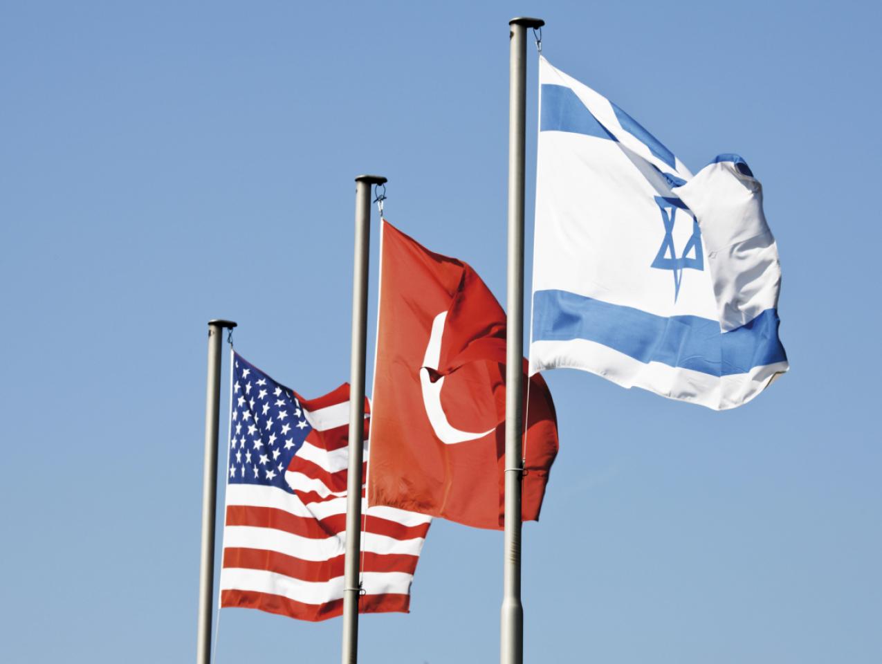 Flags on the mast, USA, Turkey, Israel - stock photo