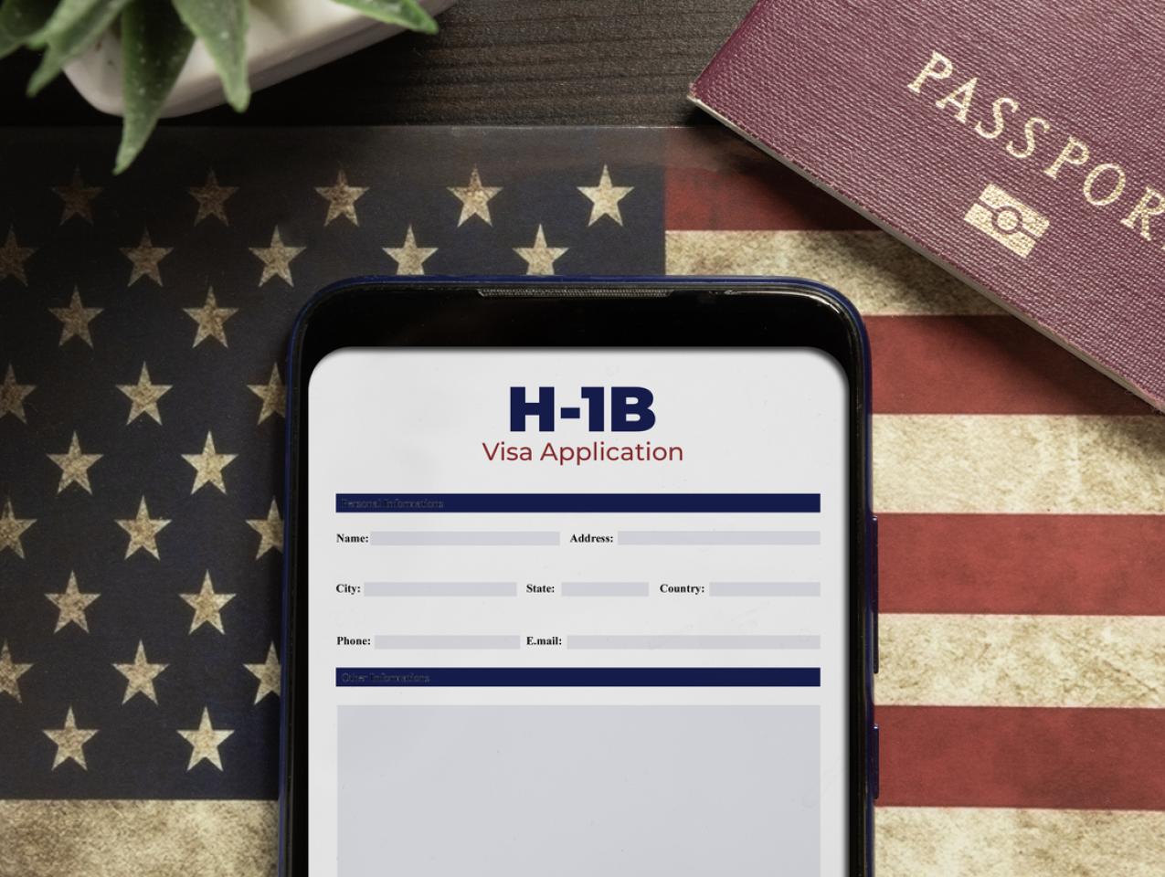 H-1b visa application concept: smartphone with USA H-1B visa application over a USA flag stock photo