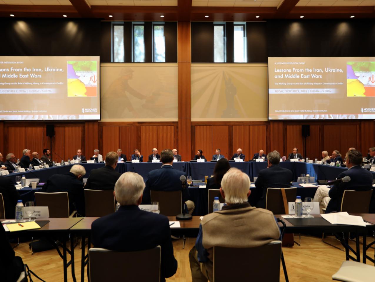 Participants in Hoover’s annual Military History in Contemporary Conflict Working Group conference are seen in Hoover’s Blount Hall on October 9, 2026. (LeAnn Mae Racoma)