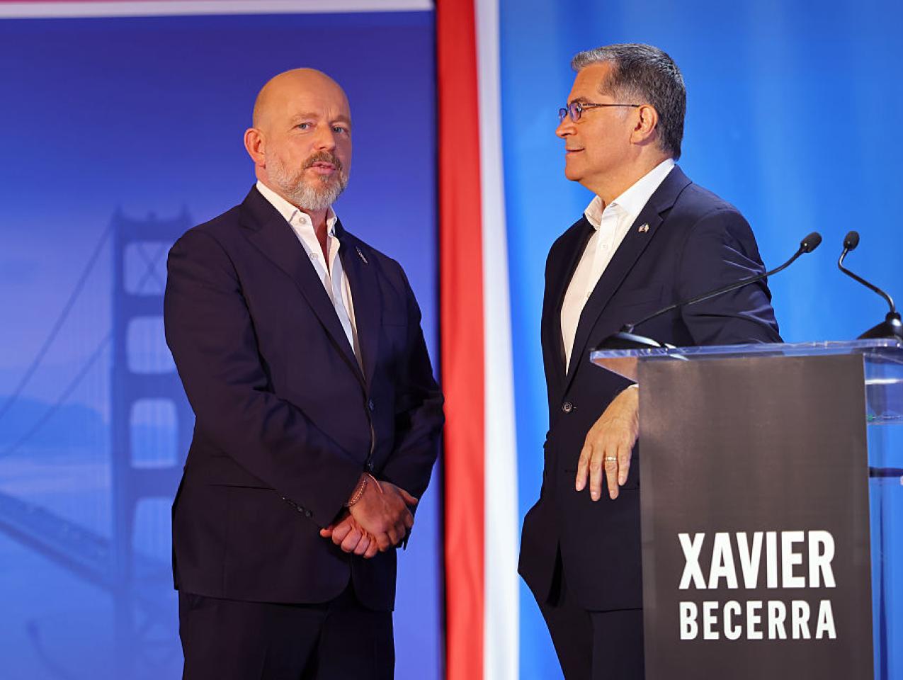 CLAREMONT, CALIFORNIA - APRIL 28: (L-R) Steve Hilton (R) and Xavier Becerra (D) speak during CBS Television Stations' California Gubernatorial Debate on April 28, 2026 in Claremont, California. (Photo by Leon Bennett/Getty Images for CBS Television Stations)