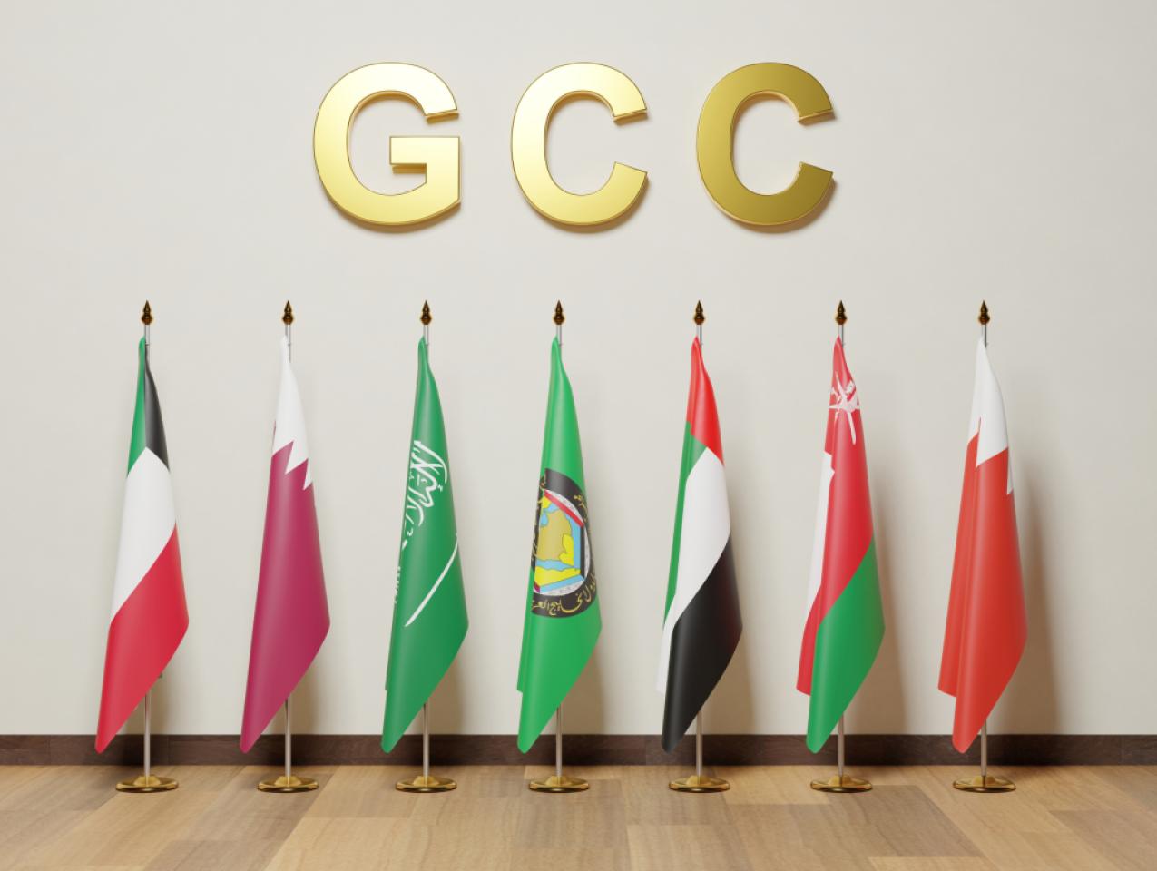 Flags of the Gulf Cooperation Council countries, Bahrain, Kuwait, Oman, Qatar, Saudi Arabia, and the United Arab Emirates. - stock photo