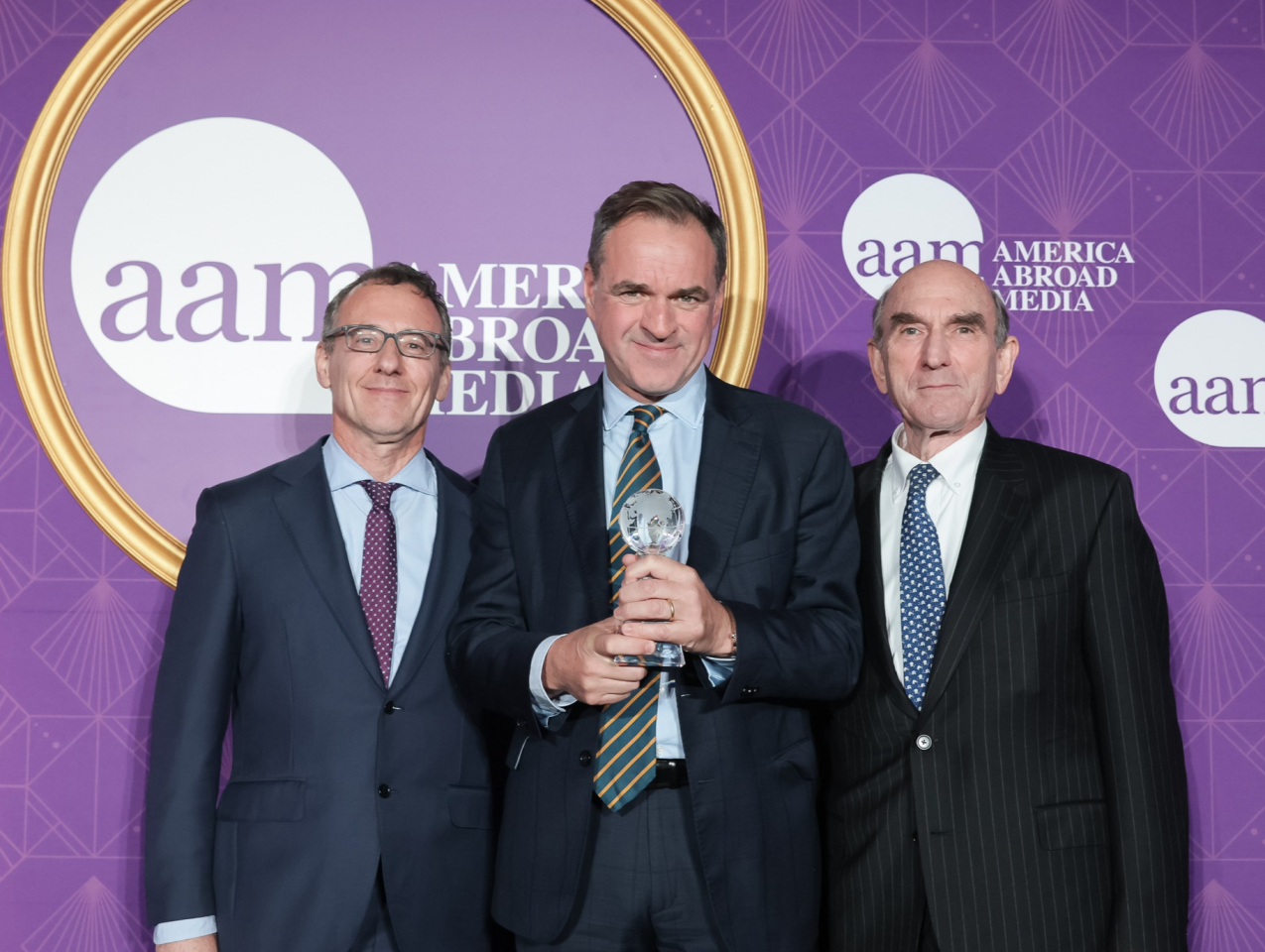 America Abroad Media Founder Aaron Lobel (left), Senior Fellow Sir Niall Ferguson (center) and Elliott Abrams are seen at the America Abroad Media Awards Dinner on October 19, 2026.