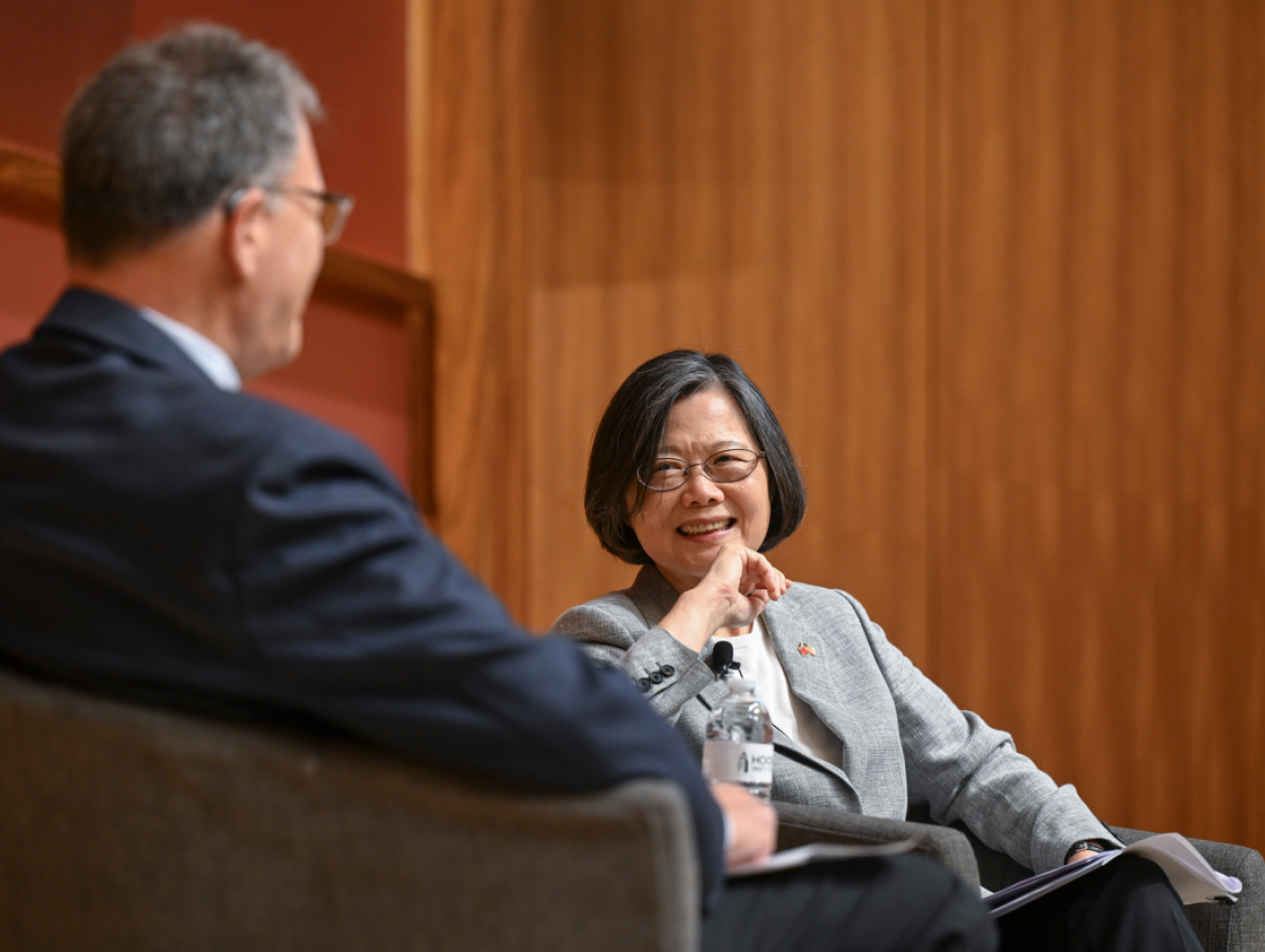Former Taiwanese President Tsai Ing-wen speaks to Hoover Senior Fellow Larry Diamond about her legacy as the island nation’s president, in Hauck Auditorium on October 8, 2026. (Rod Searcey)