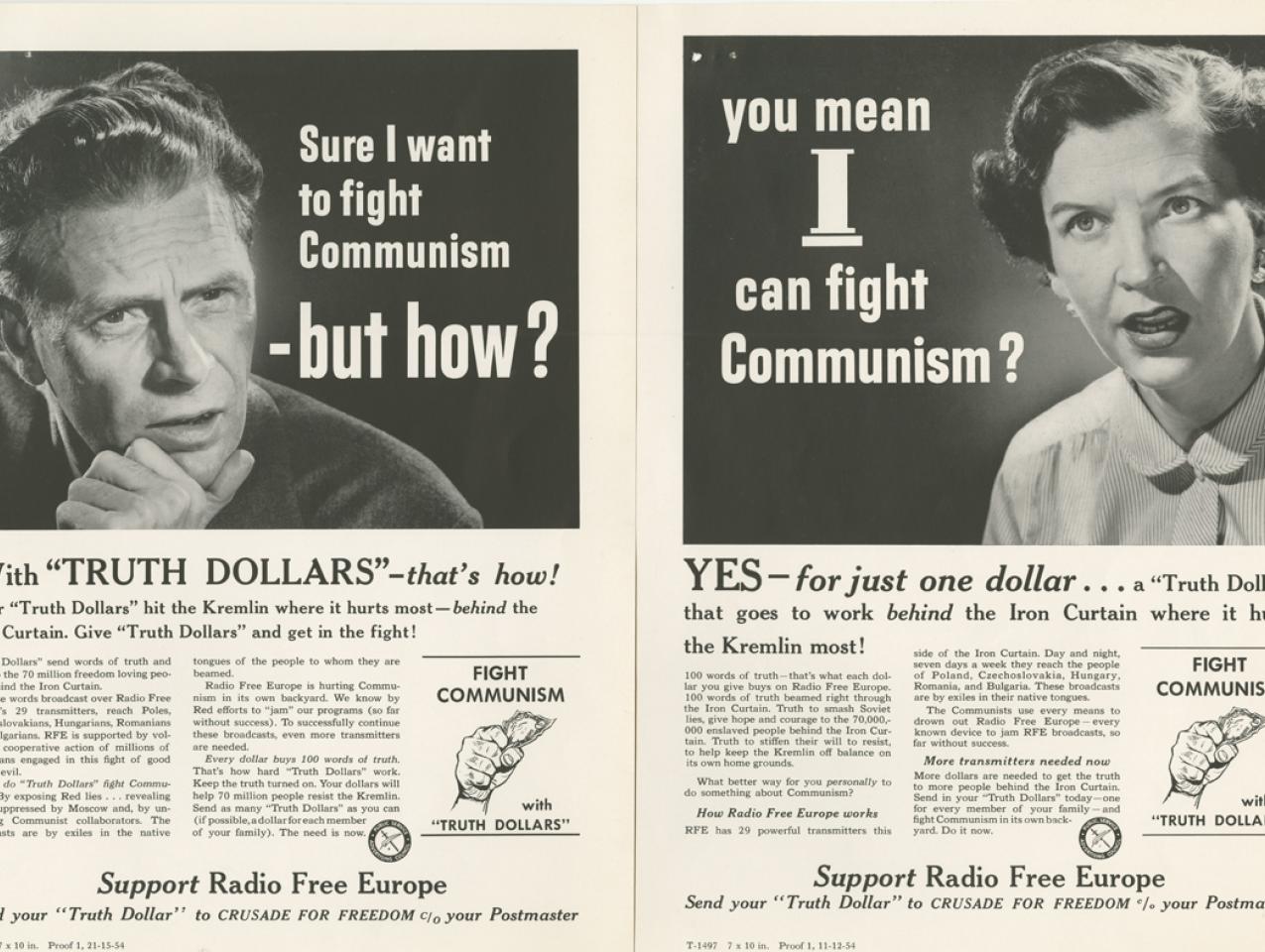 Proofs of advertisements from the Crusade for Freedom Advertising Council's "Truth Dollar" campaign, 1954  (Radio Free Europe/Radio Liberty, Inc. Corporate Records, Box 2236, Folder 1)
