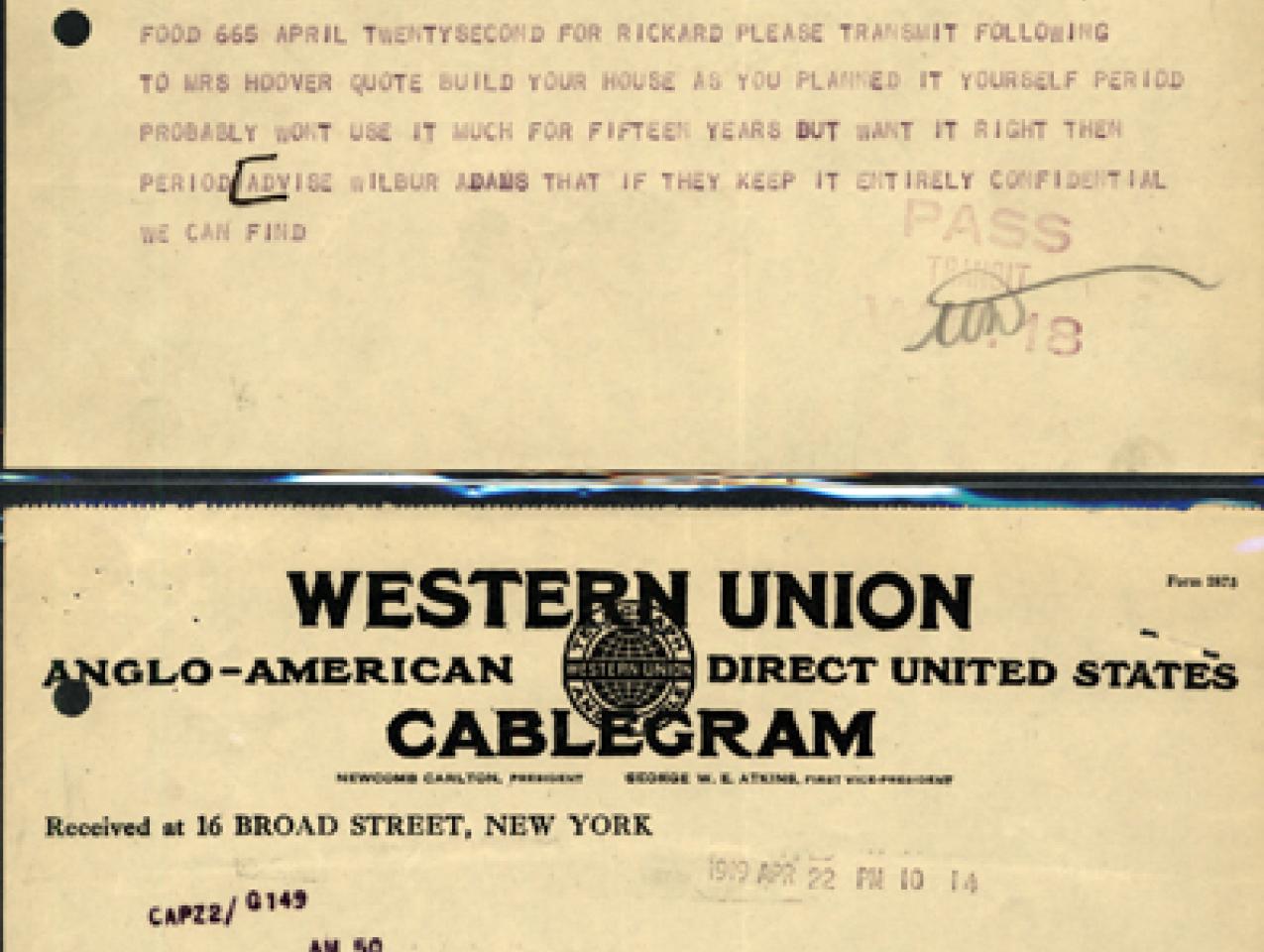 Hoover’s Telegram to Lou Henry