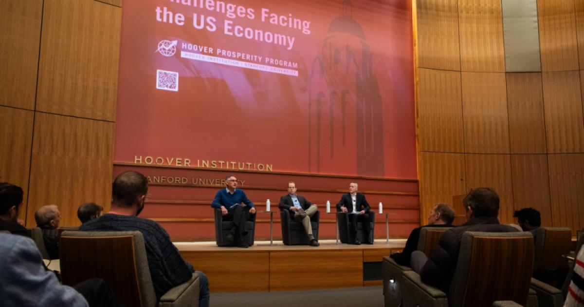 Emmanuel Saez (left), Bruce Meyer and Senior Fellow Ross Levine discuss income inequality at the Challenges Facing the US Economy Conference on January 21, 2025. (Patrick Beaudouin)