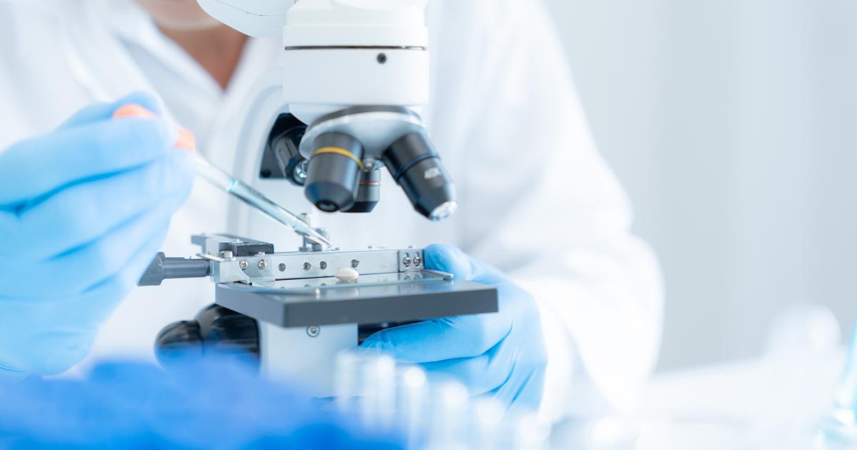 Scientist analyze biochemical samples in advanced scientific laboratory. Medical professional use microscope look microbiological developmental of viral. Biotechnology research in science lab. stock photo