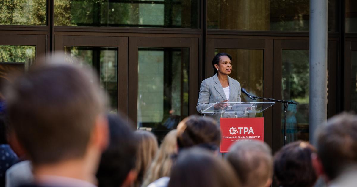 Hoover Institution Director Condoleezza Rice speaks at the launch of the Technology Policy Accelerator in Hoover’s Fairweather Courtyard on June 16, 2025. (Patrick Beaudouin)