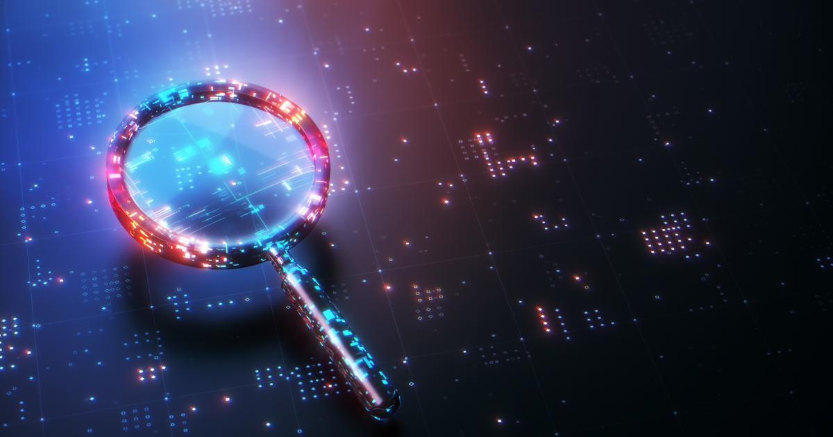 Digital Glitter Magnifying Glass on Technological Background, Search Engine Solution analysis Concept stock photo