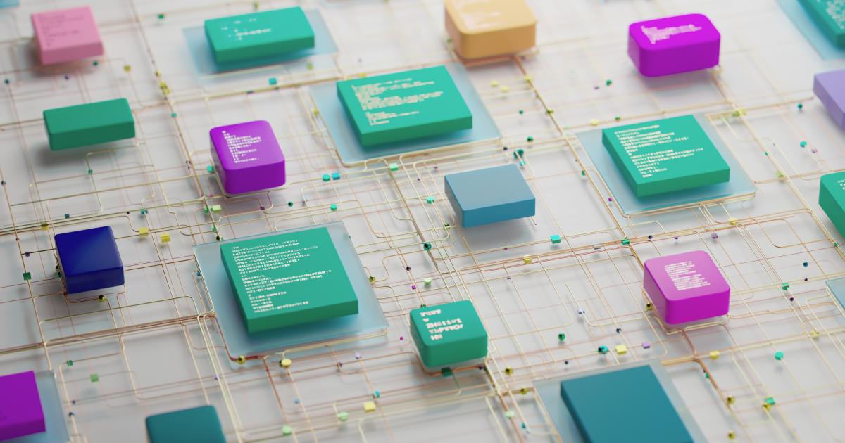 Abstract Circuit Network With Colorful Chips and Connected Data Blocks in 3D Render stock photo