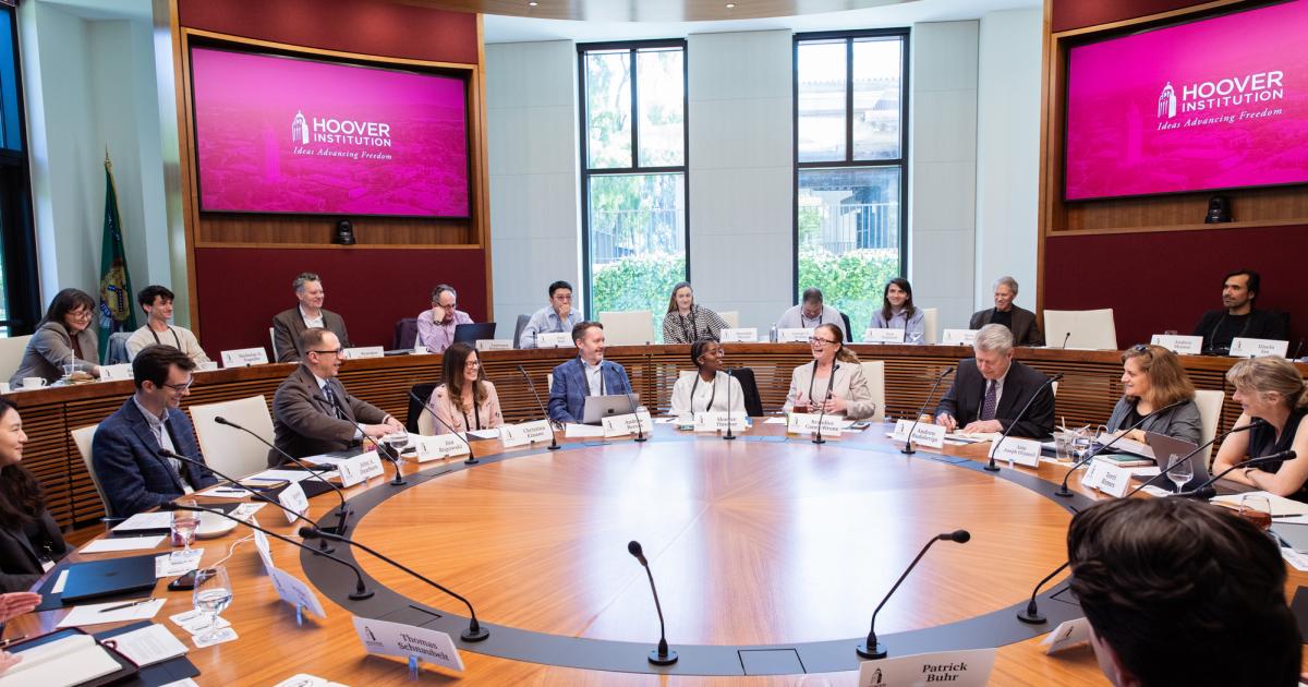 Scholars participating in PEPCON 2026 are seen in Hoover’s Annenberg Conference Room on April 16, 2026. (Patrick Beaudouin)
