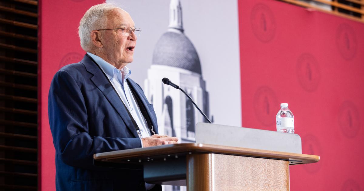 Markets vs. Mandates co-director Terry L. Anderson speaks in Hoover’s Shultz Auditorium on May 12, 2026. (Patrick Beaudouin)