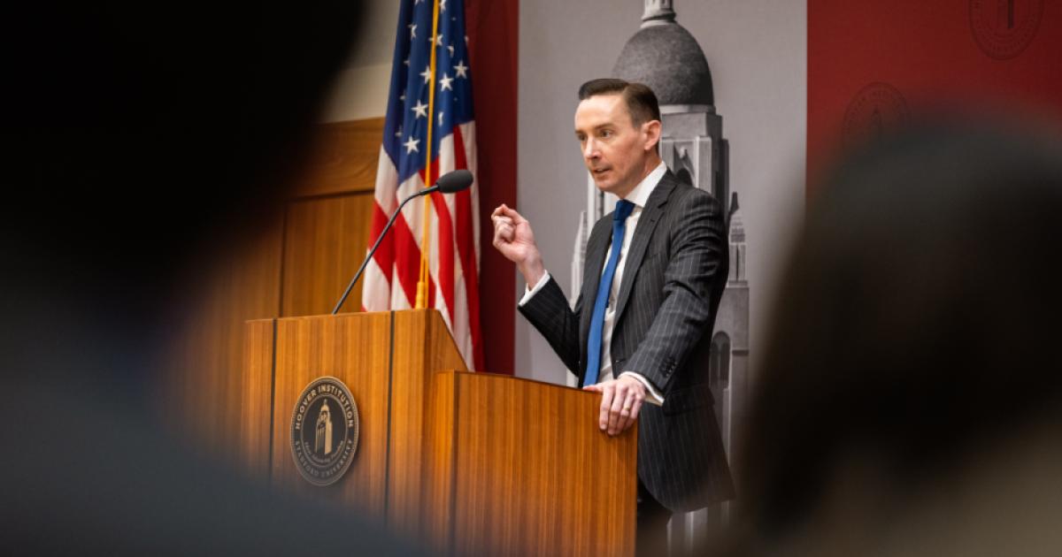 Tyler Goodspeed speaks in Hoover’s Blount Hall on May 8, 2026. (Patrick Beaudouin)