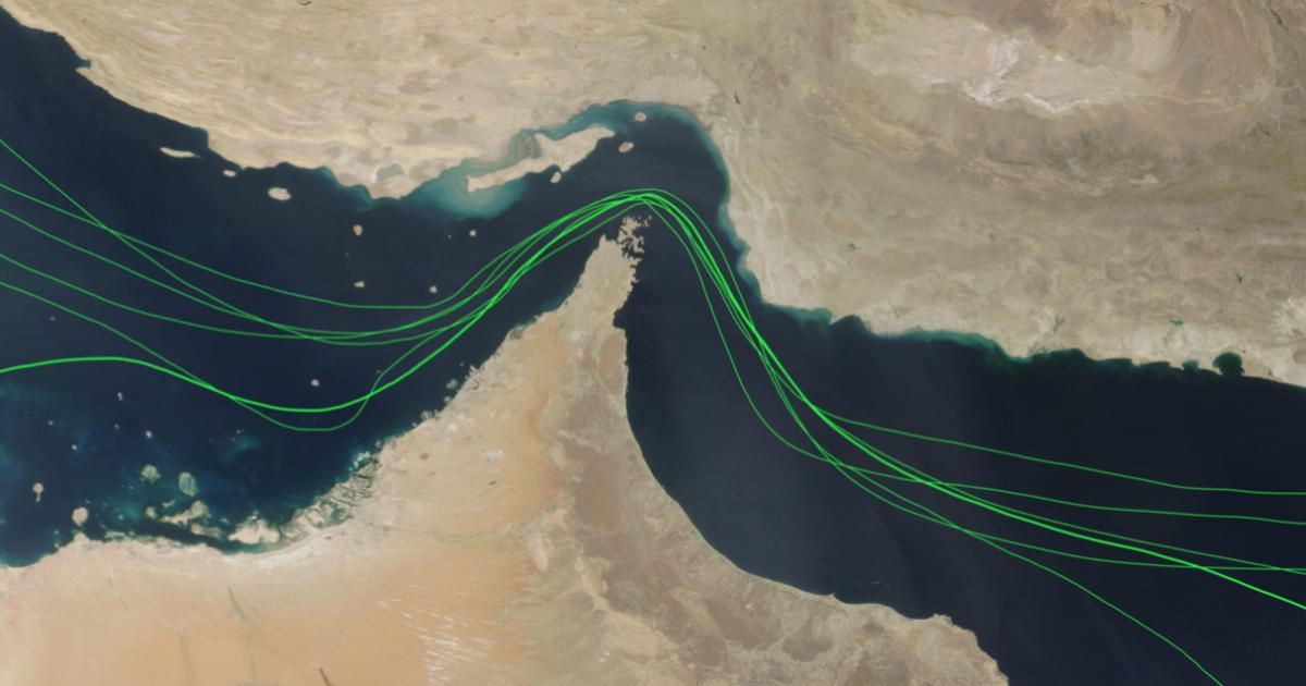 Map of Strait of Hormuz shipping traffic disruption, Gulf oil tanker routes, Middle East crisis 2026, Open - stock photo