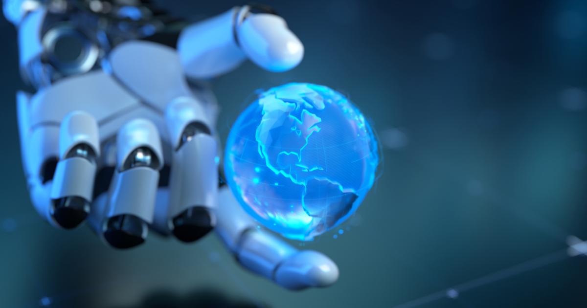 Futuristic Robotic Hand Holding a Holographic Blue Globe in Digital Environment stock photo