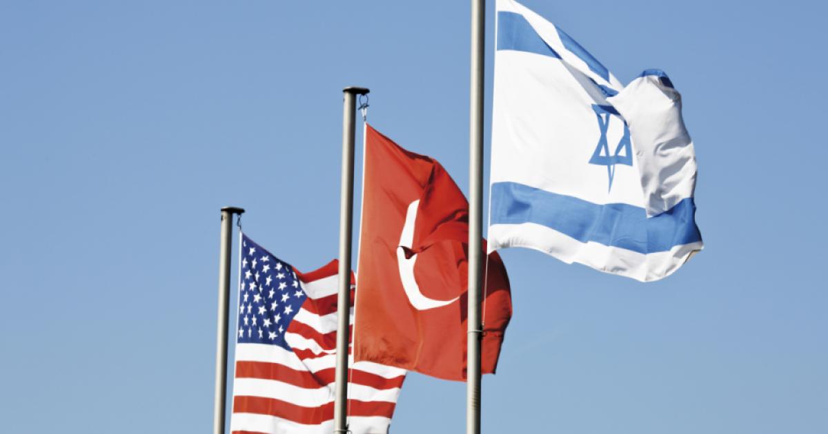 Flags on the mast, USA, Turkey, Israel - stock photo