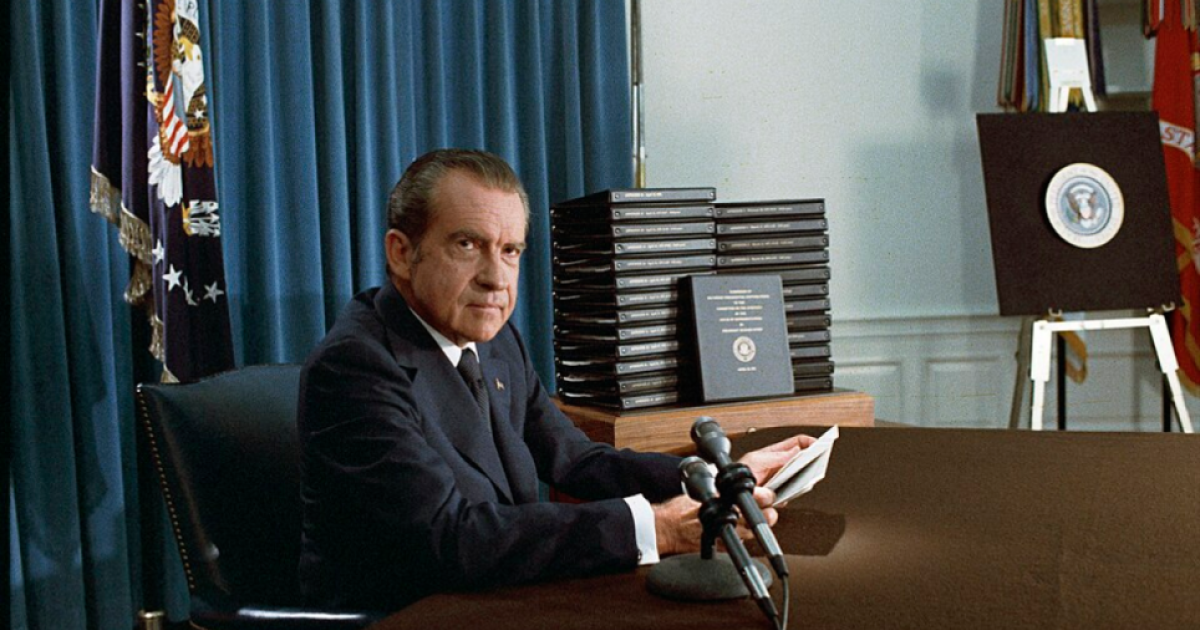 President Nixon, with edited transcripts of Nixon White House Tape conversations during broadcast of his address to the Nation.
