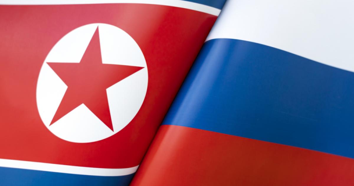 Background of the flags of the North Korea and Russia. The concept of interaction or counteraction between the two countries. International relations. political negotiations. Sports competition. stock photo