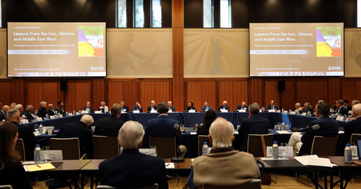 Participants in Hoover’s annual Military History in Contemporary Conflict Working Group conference are seen in Hoover’s Blount Hall on October 9, 2026. (LeAnn Mae Racoma)