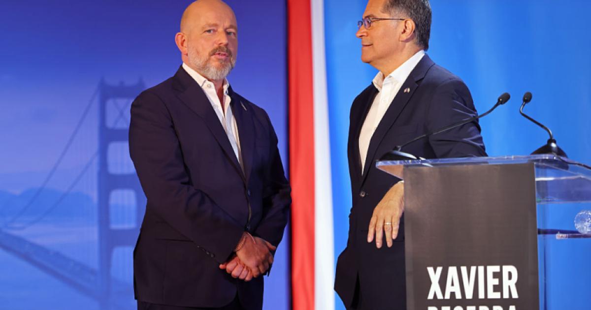CLAREMONT, CALIFORNIA - APRIL 28: (L-R) Steve Hilton (R) and Xavier Becerra (D) speak during CBS Television Stations' California Gubernatorial Debate on April 28, 2026 in Claremont, California. (Photo by Leon Bennett/Getty Images for CBS Television Stations)