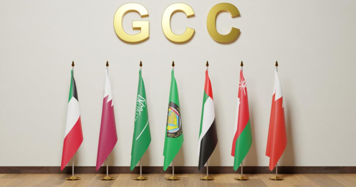 Flags of the Gulf Cooperation Council countries, Bahrain, Kuwait, Oman, Qatar, Saudi Arabia, and the United Arab Emirates. - stock photo
