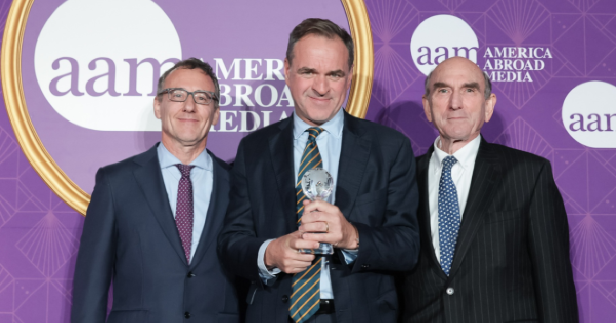 America Abroad Media Founder Aaron Lobel (left), Senior Fellow Sir Niall Ferguson (center) and Elliott Abrams are seen at the America Abroad Media Awards Dinner on October 19, 2026.