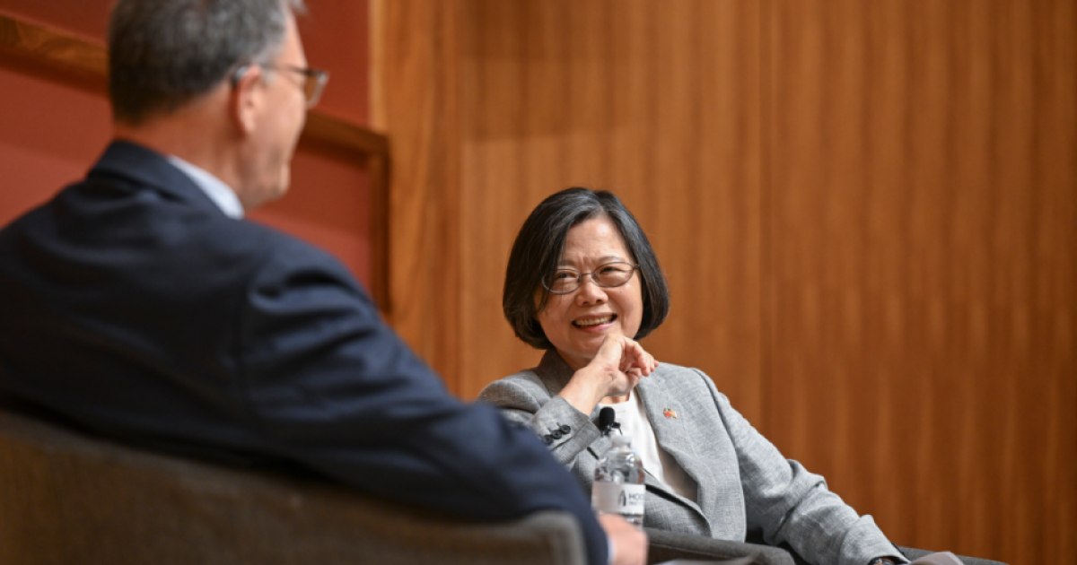 Former Taiwanese President Tsai Ing-wen speaks to Hoover Senior Fellow Larry Diamond about her legacy as the island nation’s president, in Hauck Auditorium on October 8, 2026. (Rod Searcey)